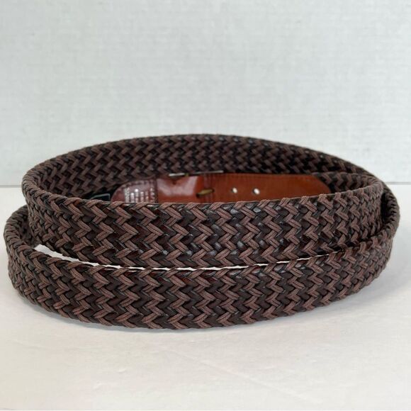 Savane Leather Woven Basketweave Two Tone Brown Belt Solid Brass Buckle Size 44 - Picture 2 of 13